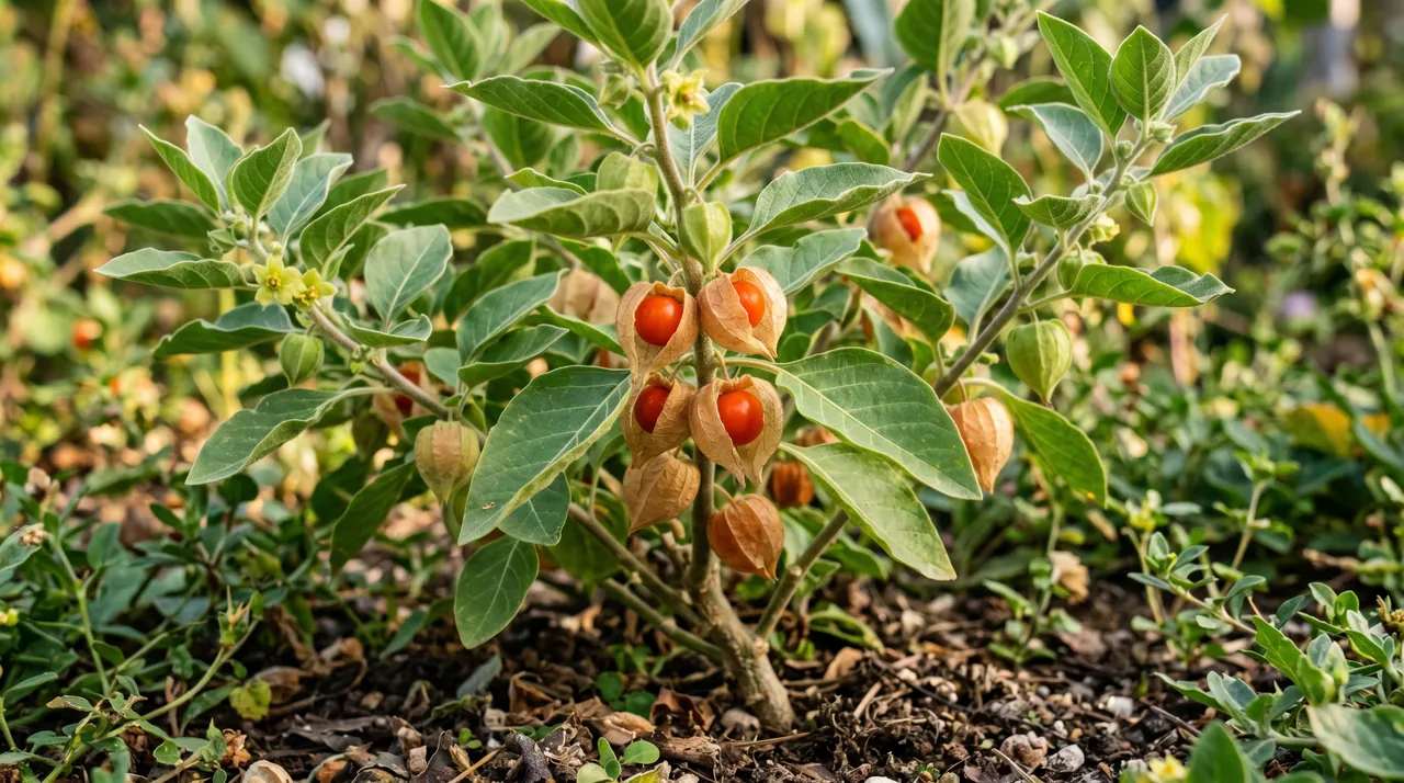 Plante d ashwagandha (Withania somnifera) et ses racines séchées