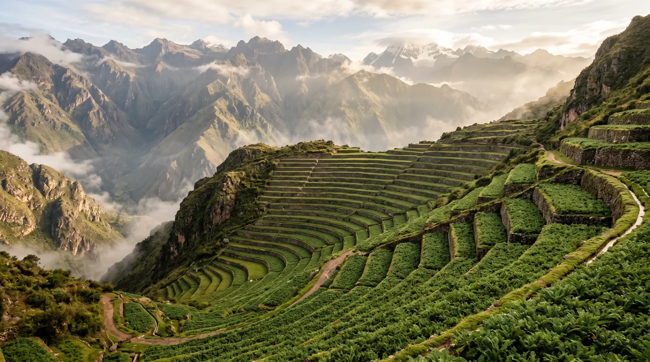 Terrasses agricoles dans les Andes péruviennes, terre d origine de la maca