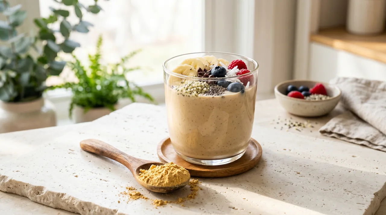 Poudre de maca préparée dans un smoothie au petit-déjeuner