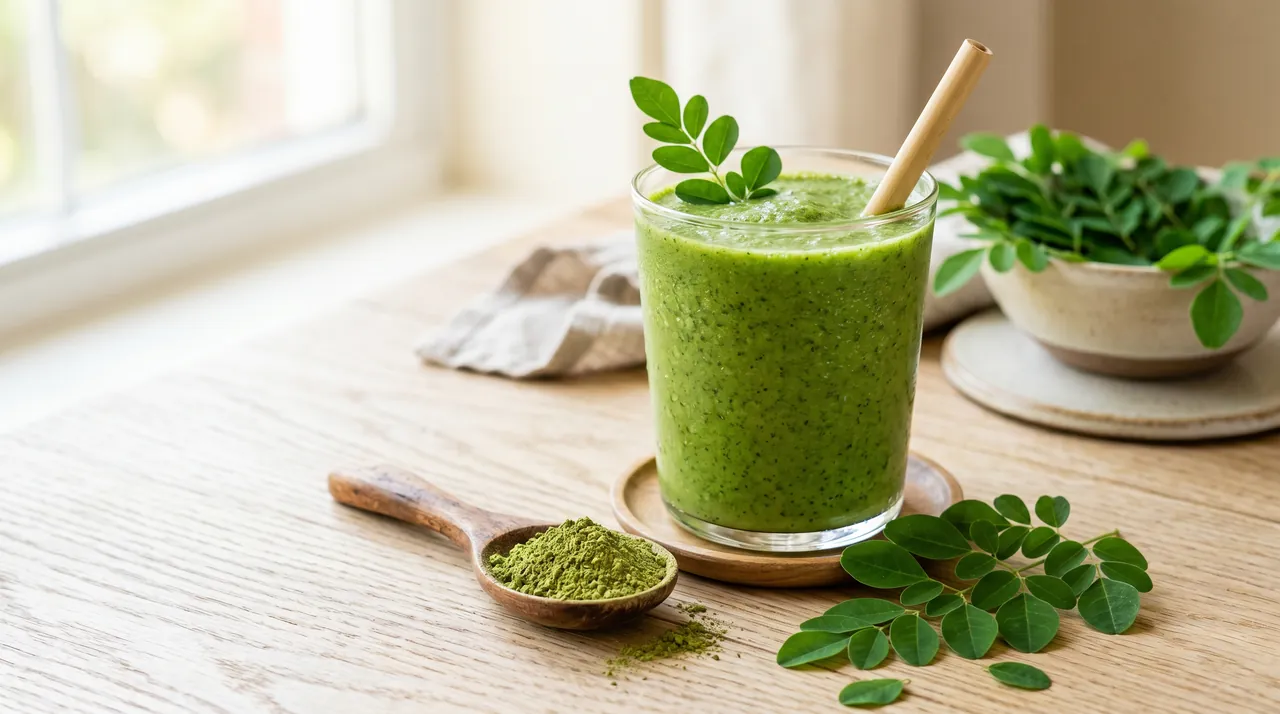 Poudre de moringa intégrée à une boisson verte saine