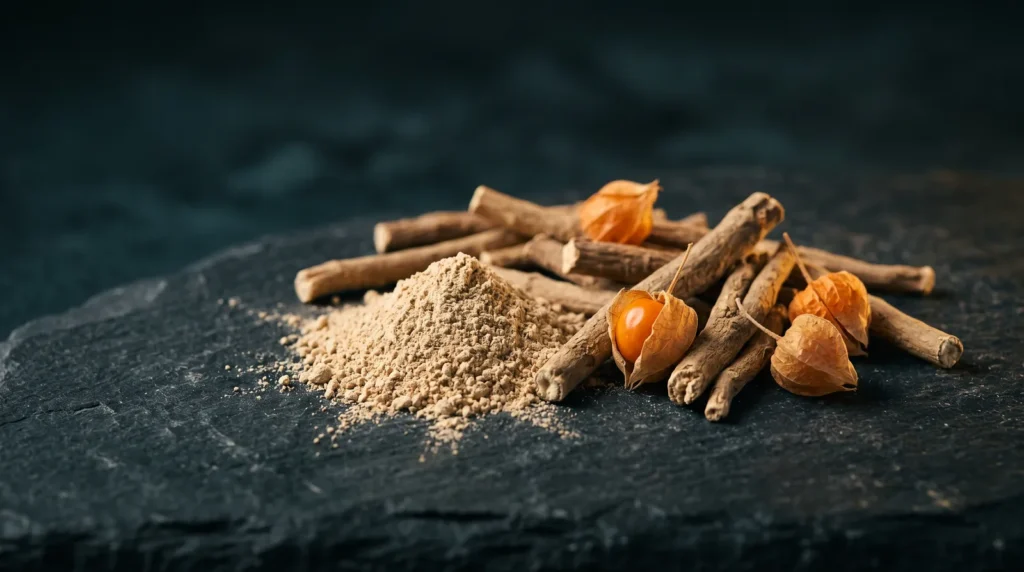 Racine et poudre d'ashwagandha sur fond sombre