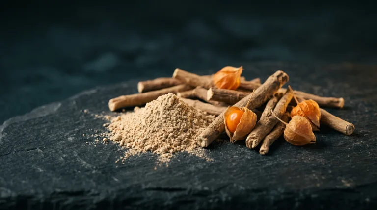 Racine et poudre d'ashwagandha sur fond sombre