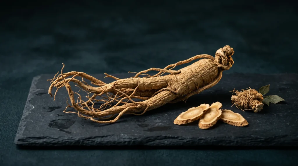 Racine de ginseng Panax sur ardoise sombre