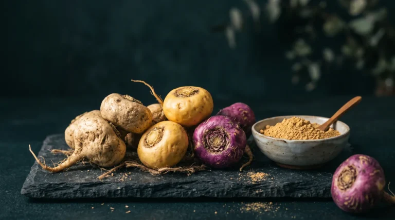 Racines et poudre de maca des Andes sur ardoise sombre