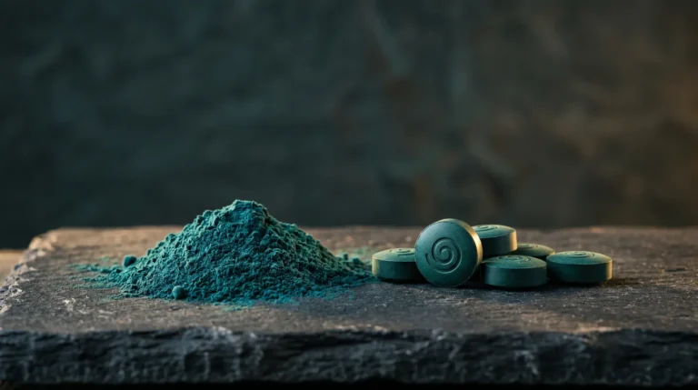Poudre et comprimés de spiruline bleu-vert sur ardoise