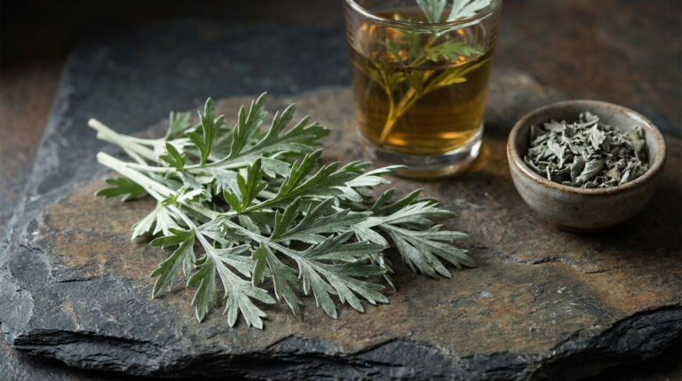 absinthe chiba (Artemisia absinthium) sur fond ardoise