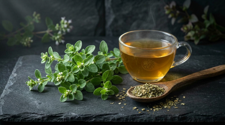 marjolaine fraîche et tisane sur fond ardoise