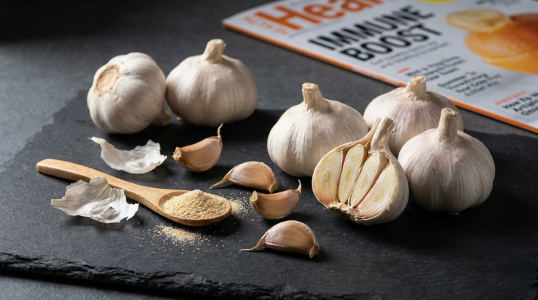 ail frais : bulbes et gousses sur fond ardoise