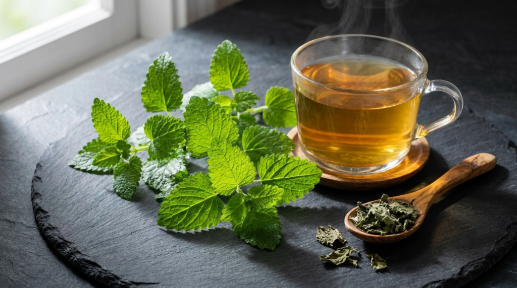 Feuilles de mélisse fraîche et tasse de tisane de mélisse