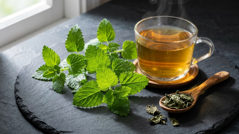 Feuilles de mélisse fraîche et tasse de tisane de mélisse