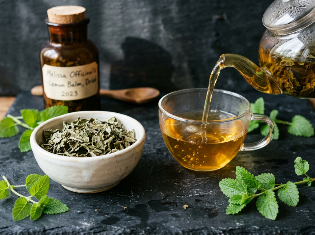 Infusion de mélisse et feuilles séchées de mélisse