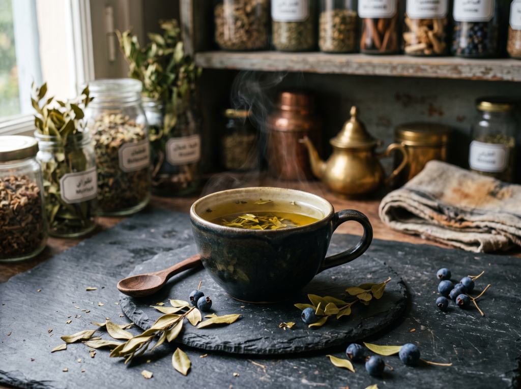 tisane de myrte sur fond ardoise
