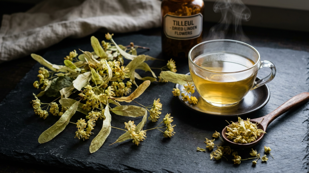 tilleul : tisane et fleurs séchées sur fond ardoise