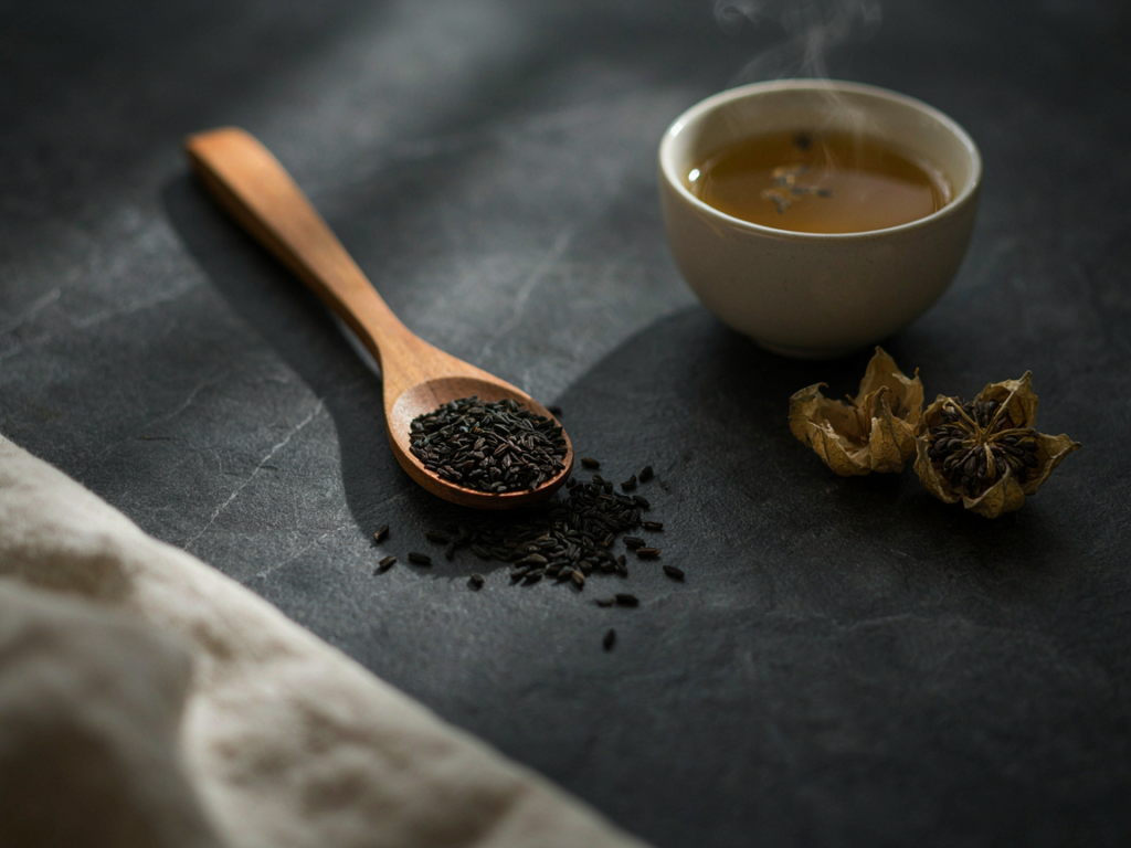 Graines de nigelle sur une planche en ardoise