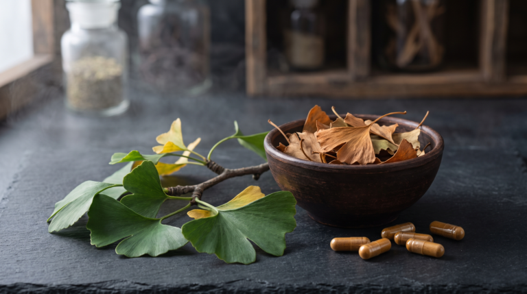 Feuilles de ginkgo biloba en éventail sur fond ardoise