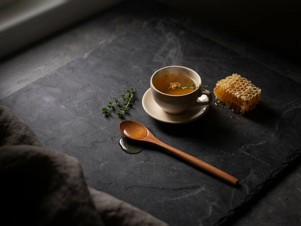 Cuillère de miel et tisane au thym
